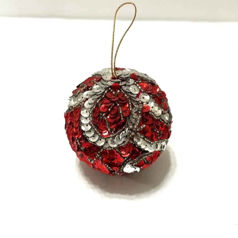 Vintage Red and silver Sequined Christmas Ornament